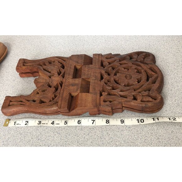 Vintage Teak Wood Book Stand Holder Hand Carved Kitchen Stand Fall Floral Leaf - Picture 8 of 10